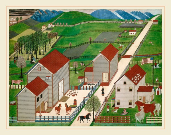 American 19th Century, Mahantango Valley Farm, late 19th century, oil on window shade