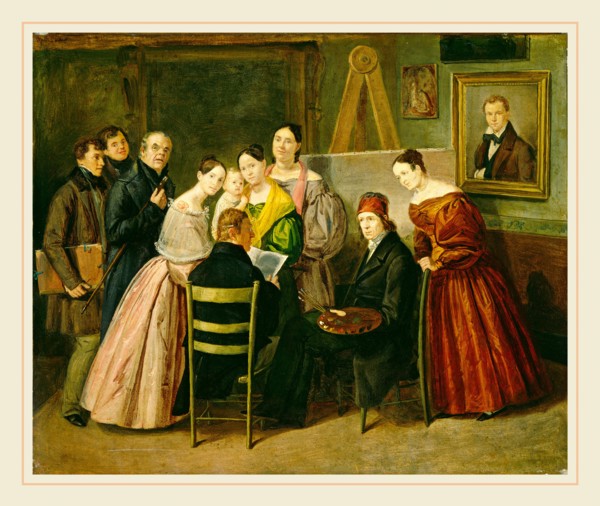 Unknown 19th Century, A Painter and Visitors in a Studio, c. 1835, oil on paper on canvas