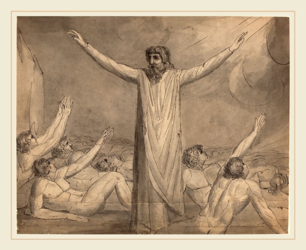 William Blake, British (1757-1827), Moses Staying the Plague (?) [recto], c. 1780-1785, pen and ink