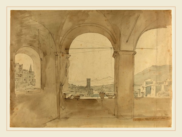 Leo von Klenze, German (1784-1864), Panorama of Tivoli from a Loggia, 1826, graphite with brown and