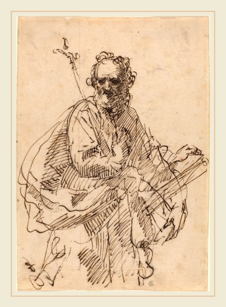 Francisco Herrera II (Spanish, 1622-1685), A Standing Saint with a Crucifix and a Book, 1660s, pen