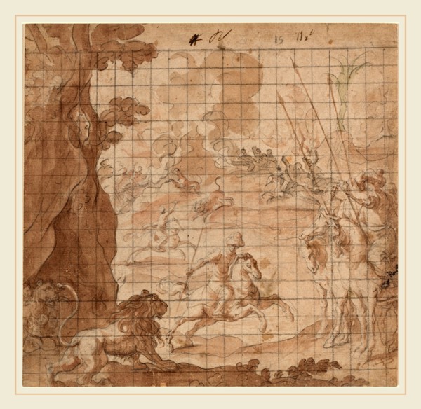 Vicencio Carducho, Italian (1578-1638), The Lion Hunt, black chalk with brown, rose and green wash,