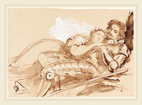 Sir George Hayter, British (1792-1871), A Maiden Embraced by a Knight in Armor, 1838, pen and brown