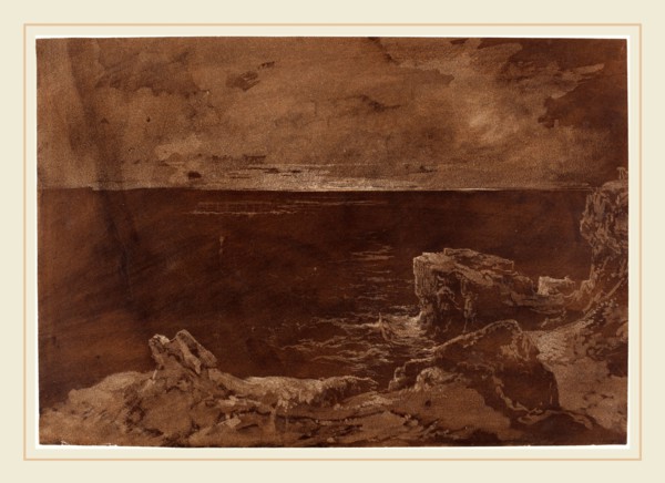 William West or Samuel Jackson, British (1801-1861), A Rocky Coast by Moonlight, late 1820s, brown