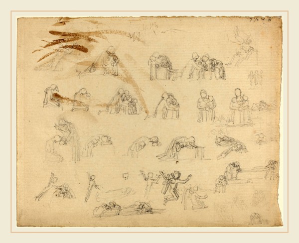 John Flaxman, British (1755-1826), Sheet of Studies, graphite--brown wash uL corner unrelated to