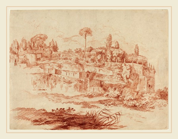Attributed to Jacques-FranÃ§ois Amand (1730-1769), Gardens of the Villa Mattei, c. 1760, red chalk