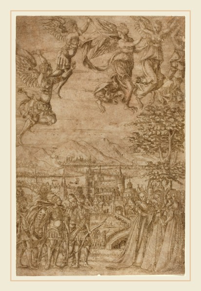 French 17th Century, A King and His Retinue Confronting Ladies under a Celestial Battle, c. 1600,