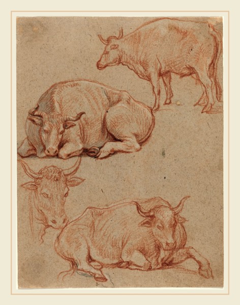 Claude Lorrain, French (1604-1605-1682), Four Cows, red and black chalks with gray wash on laid