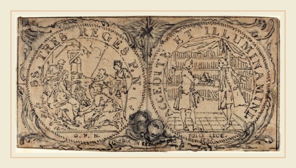 Hubert FranÃ§ois Gravelot, French (1699-1773), Ornamental Medallions with the Adoration of the Magi