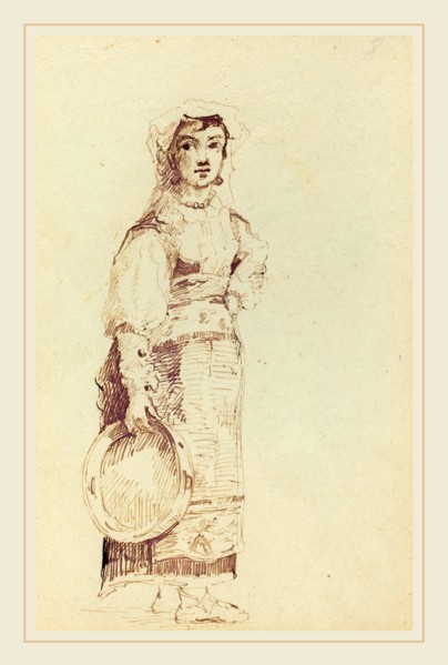 Jean-Louis-Ernest Meissonier, French (1815-1891), Woman with a Tambourine (verso), c. 1860, pen and