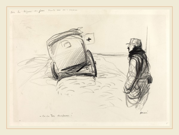Jean-Louis Forain, Sur la ligne de feu, French, 1852-1931, c. 1914-1919, black crayon with brush