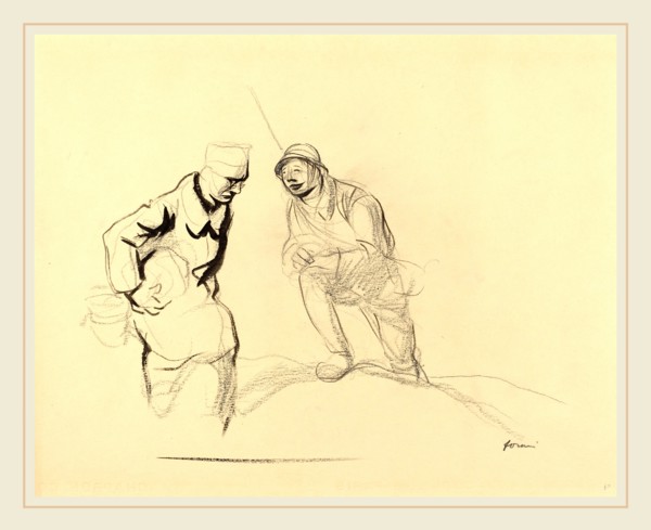 Jean-Louis Forain, Two Soldiers, French, 1852-1931, c. 1914-1919, black crayon and brush and brown