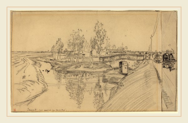 Auguste LepÃ¨re, Arrivee au Marche, French, 1849-1918, black chalk on two sheets of laid paper