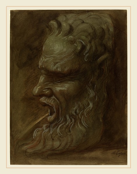 Alphonse Legros, Study of a Mask, French, 1837-1911, brown and green wash, heightened with white
