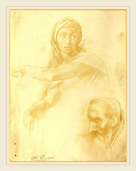 Alphonse Legros after Michelangelo, Study of Delphic Sibyl; Head of a Man, French, 1837-1911,