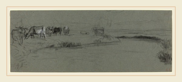 Constant Troyon, French (1810-1865), River Bank with Cattle, probably after 1850, black and white