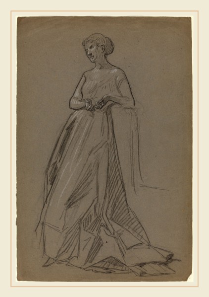 French 19th Century, Standing Woman Leaning on Her Elbow, 1890s, black chalk heightened with white
