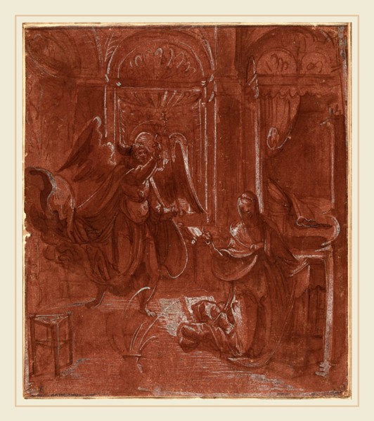 German 16th Century, The Annunciation, c. 1520, pen and brown ink with red-brown wash heightened