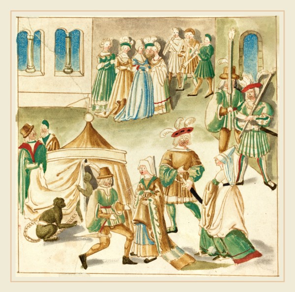 German 16th Century, Court Amusements with Two Monkeys, c. 1515, pen and brown ink with watercolor