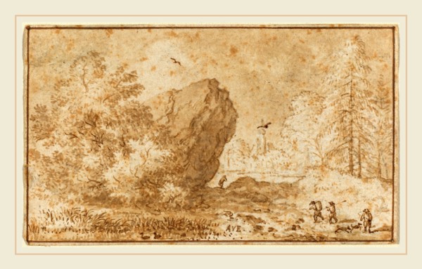 Allart van Everdingen, Dutch (1621-1675), Landscape with Large Rock, pen and brown ink with brown
