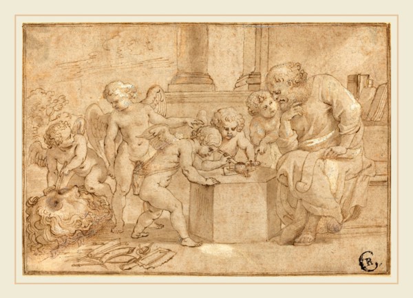 Sir Peter Paul Rubens, Flemish (1577-1640), Elderly Man Watching Putti Dissect an Eye, c. 1613, pen