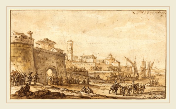 Jacob van der Ulft, Dutch (1621-1689), A Coastal Scene with a Fortified Town, c. 1670, pen and