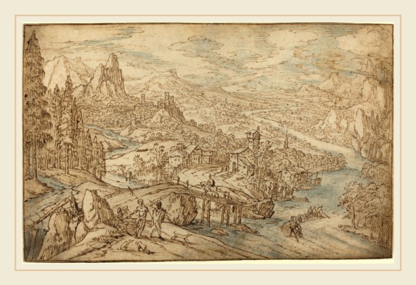 Tobias Verhaecht, Flemish (1561-1631), River Landscape, pen and brown ink with blue and brown wash