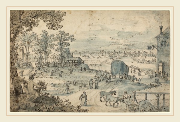 Lodewyk Toeput, Flemish (c. 1550-1603-1605), Summer Harvest in an Extensive Landscape, pen and