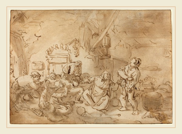 Style of Adriaen van Ostade, Brawl in an Inn, c. 1635, pen and brown ink with brown wash and