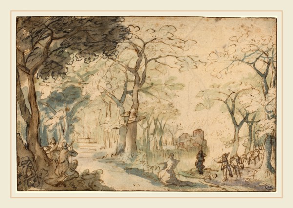 David Vinckboons, Dutch (1576-c. 1632), Landscape with Elisha Mocked, c. 1610, pen and brown ink