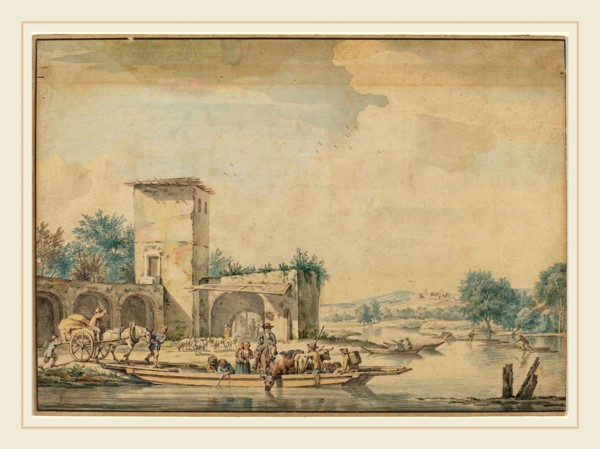 Wigerus Vitringa, Dutch (1657-1721), River Landscape with a Ferry Boat, pen and black ink and