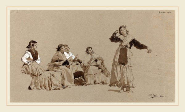 Pio Joris, Italian (1843-1921), Spanish Dancers, 1873, pen and brown ink with brown wash and white
