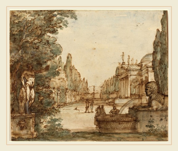 Mauro Antonio Tesi, Italian (1730-1766), Capriccio with a Palladian Villa, c. 1760, pen and brown