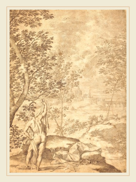 Donato Creti, Italian (1671-1749), Apollo Standing in a River Landscape, 1720-1730, pen and brown