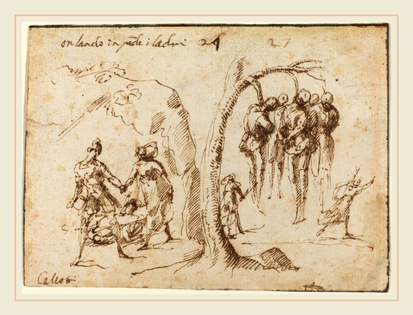 Francesco Allegrini, Italian (c. 1615-after 1679), Orlando and the Thieves, pen and brown ink on