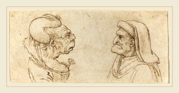 Francesco Melzi after Leonardo da Vinci, Italian (1493-c. 1570), Two Grotesque Heads, pen and brown