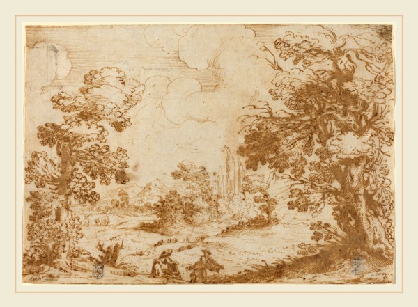Agostino Carracci, Italian (1557-1602), Landscape with Two Washerwomen, 1580s, pen and brown ink on