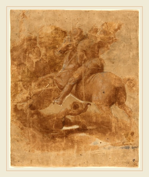 Raphael, Italian (1483-1520), Saint George and the Dragon, brush and brown ink heightened with