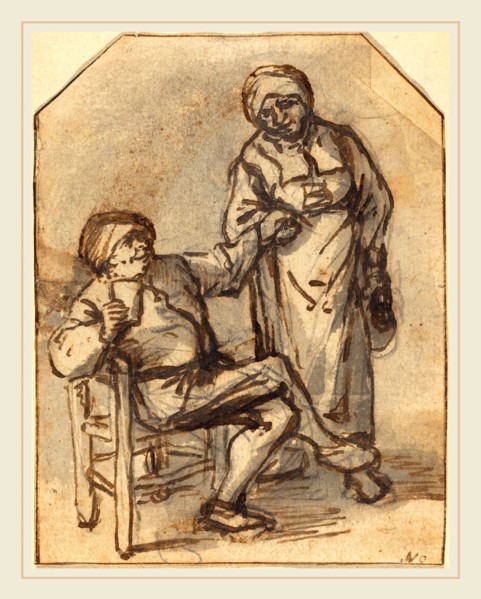 Adriaen van Ostade, Dutch (1610-1685), Two Peasants Drinking, pen and brown ink with gray-brown