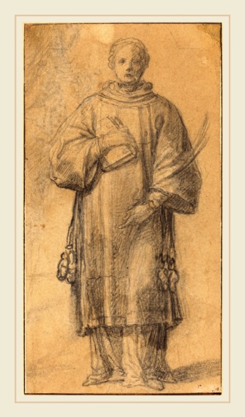 Spanish 17th Century, A Standing Saint with Book and Palm, black chalk heightened with white chalk