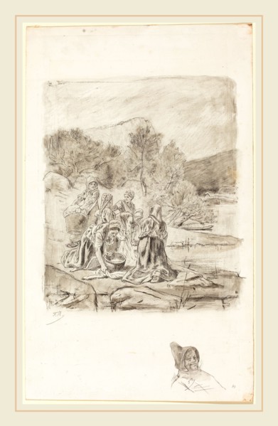 Félicien Rops (Belgian, 1833-1898), Washerwomen, c.1884-1887, counterproof of an etching with pen