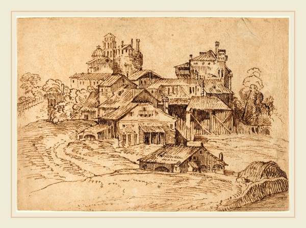 Bolognese 17th Century, View of an Italian Town (after Titian or Domenico Campagnola), pen and