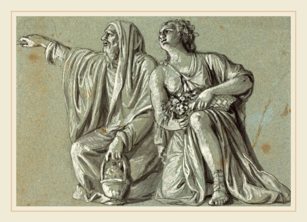 Roman 18th Century, Two Kneeling Figures with Offerings, pen and black ink with black wash,