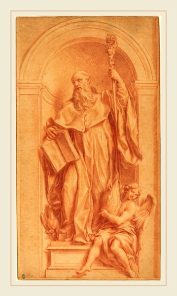 Jakob Frey, Swiss (1681-1752), A Sculpture of Saint Benedict in a Niche, 1735, red chalk heightened
