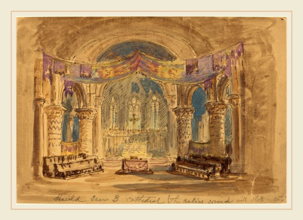Robert Caney, British (1847-1911), "Harold Scene 3 Cathedral (The relics covered with cloth at