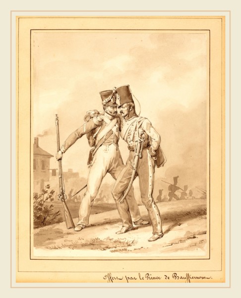 Victor Adam, French (1801-1866), Two Grenadiers, brush and brown wash with pen and brown ink over