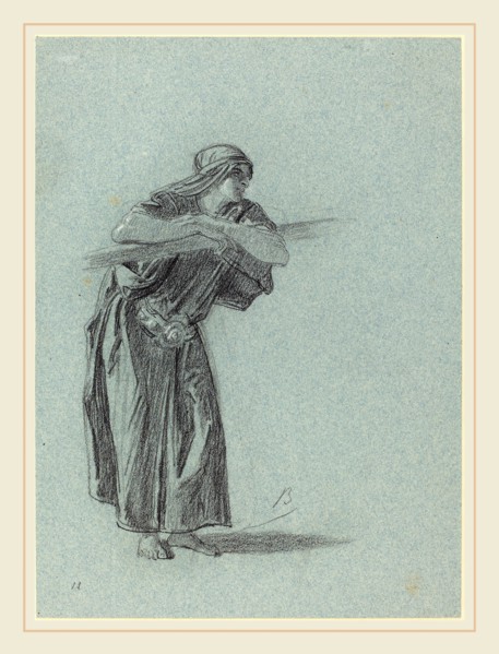 Alexandre Bida, French (1823-1895), Middle Eastern Woman Leaning on a Rail, black chalk with white