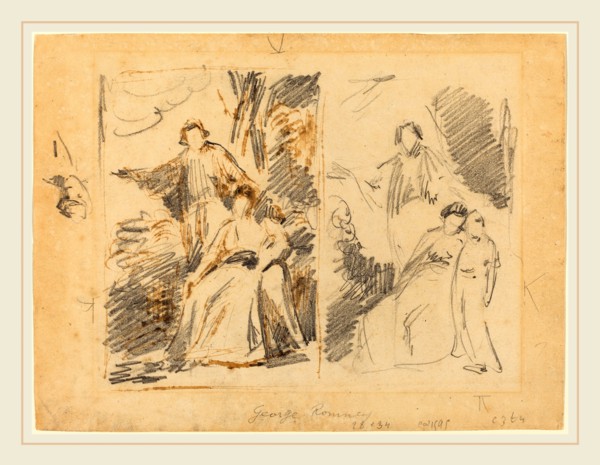George Romney, British (1734-1802), Two Studies for a Family Portrait, graphite with pen and brown