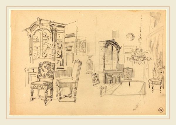 Félix-Hilaire Buhot, French (1847-1898), An Interior with Furniture, graphite on wove paper
