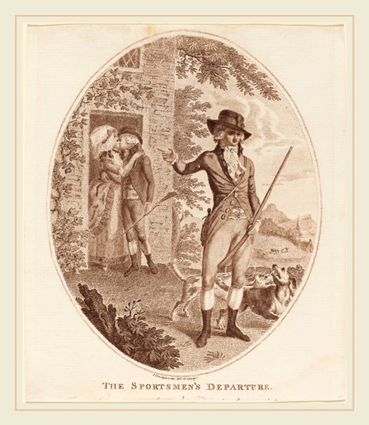 Isaac Cruikshank, British (1756-1810-1811), The Sportsmen's Departure, stipple etching in brown ink